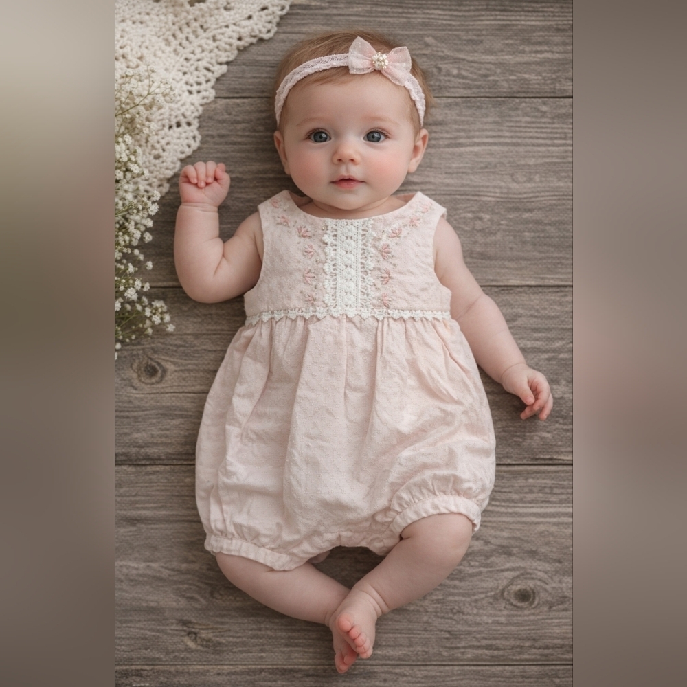 Catherine Malandrino Pink Boho Baby Romper with Floral Embroidery